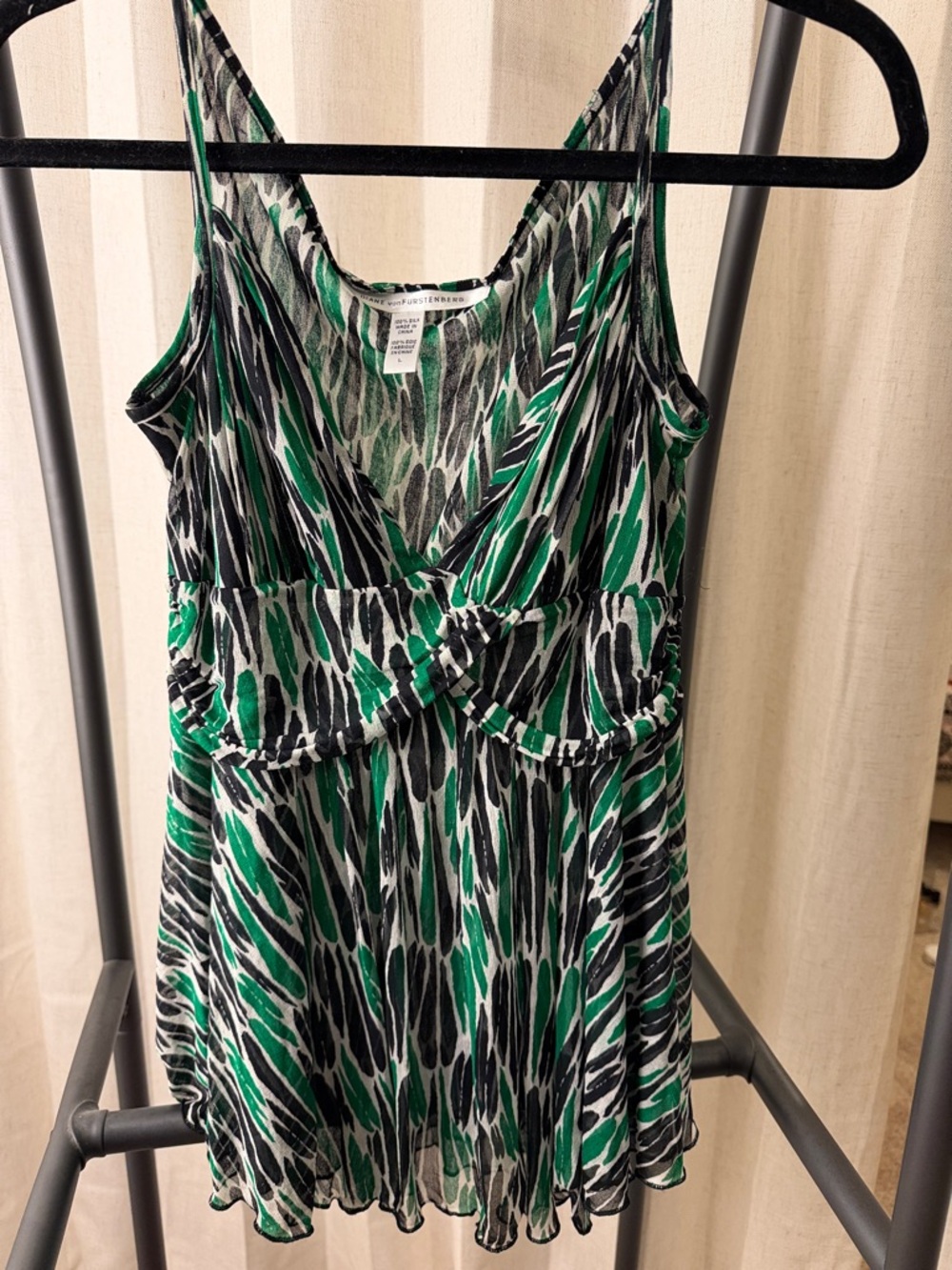 Diane Von Furstenberg Green, Black & White Printed tank